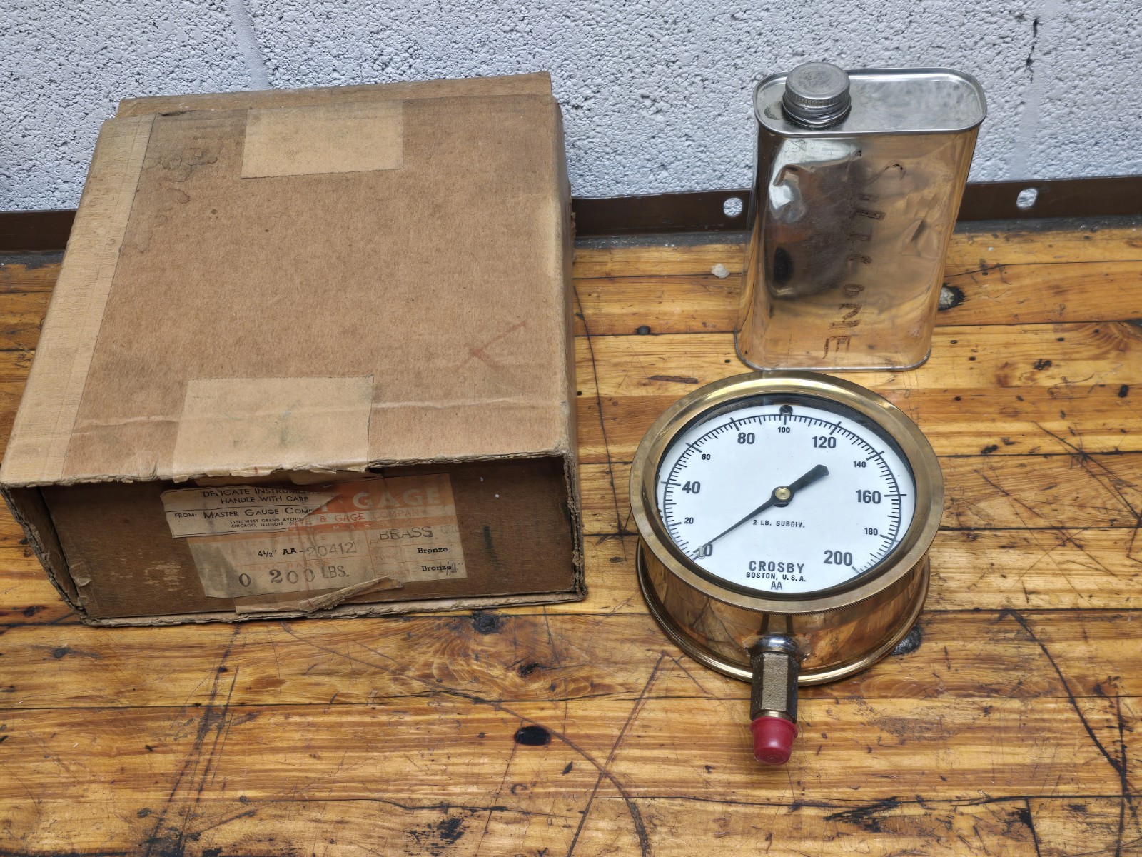 Vintage Industrial Crosby 4-1/2" AA Brass 200PSI Steam Pressure Gauge NOS