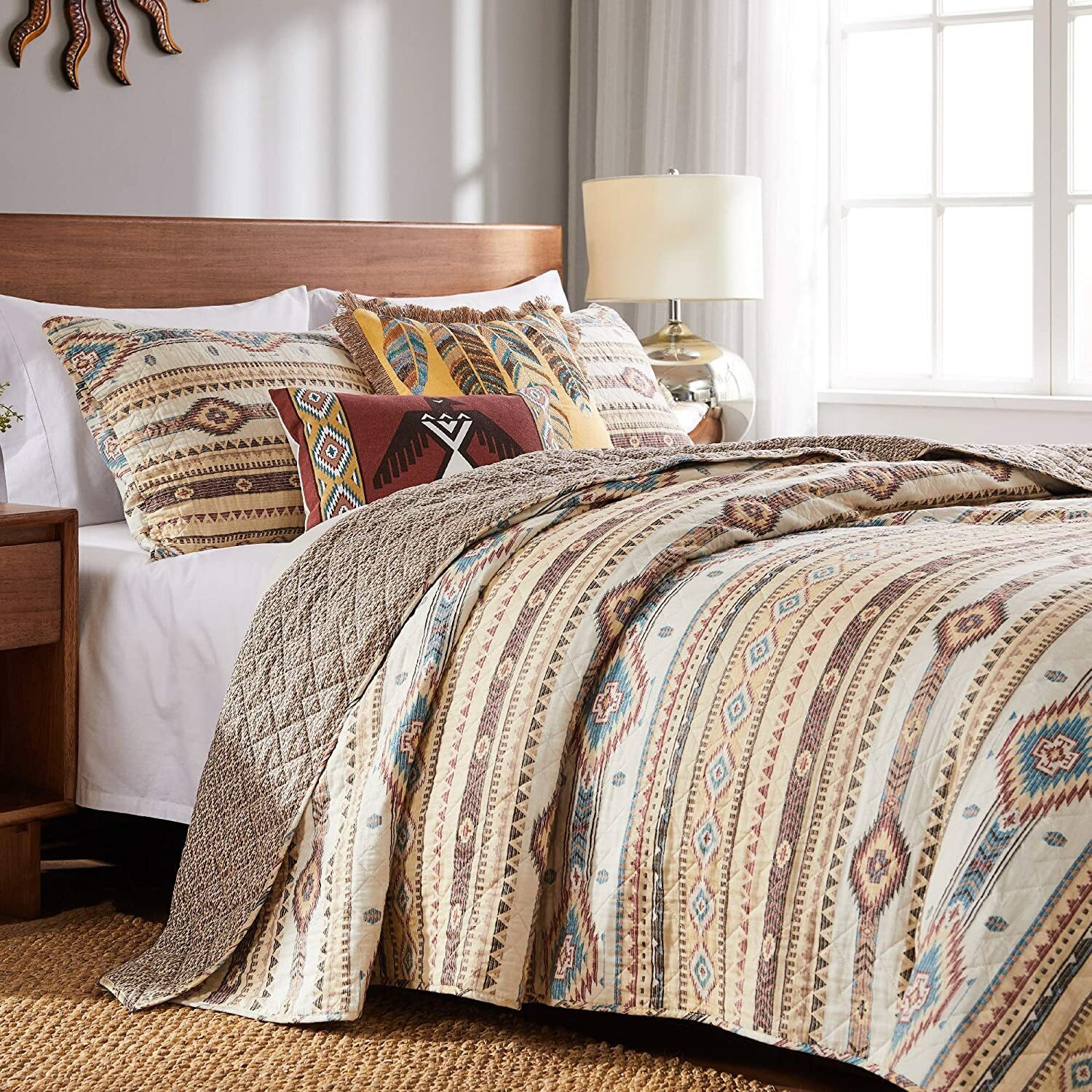 SOUTHWESTERN PHOENIX 3p King QUILT SET : BROWN TURQUOISE SOUTHWEST NATIVE TRIBAL