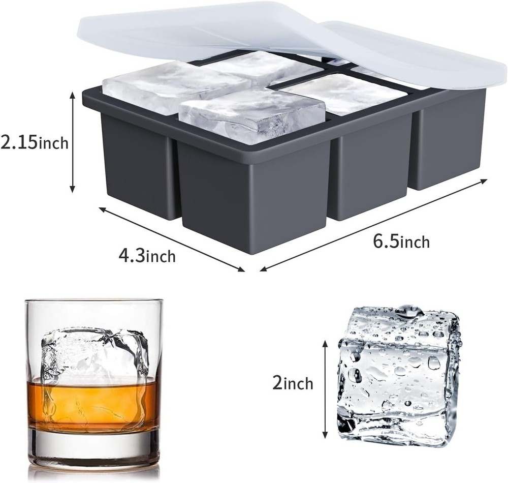 2Pack Large Ice Cube Molds Tray with Lid,Stackable Big Silicone Square Cube Mold
