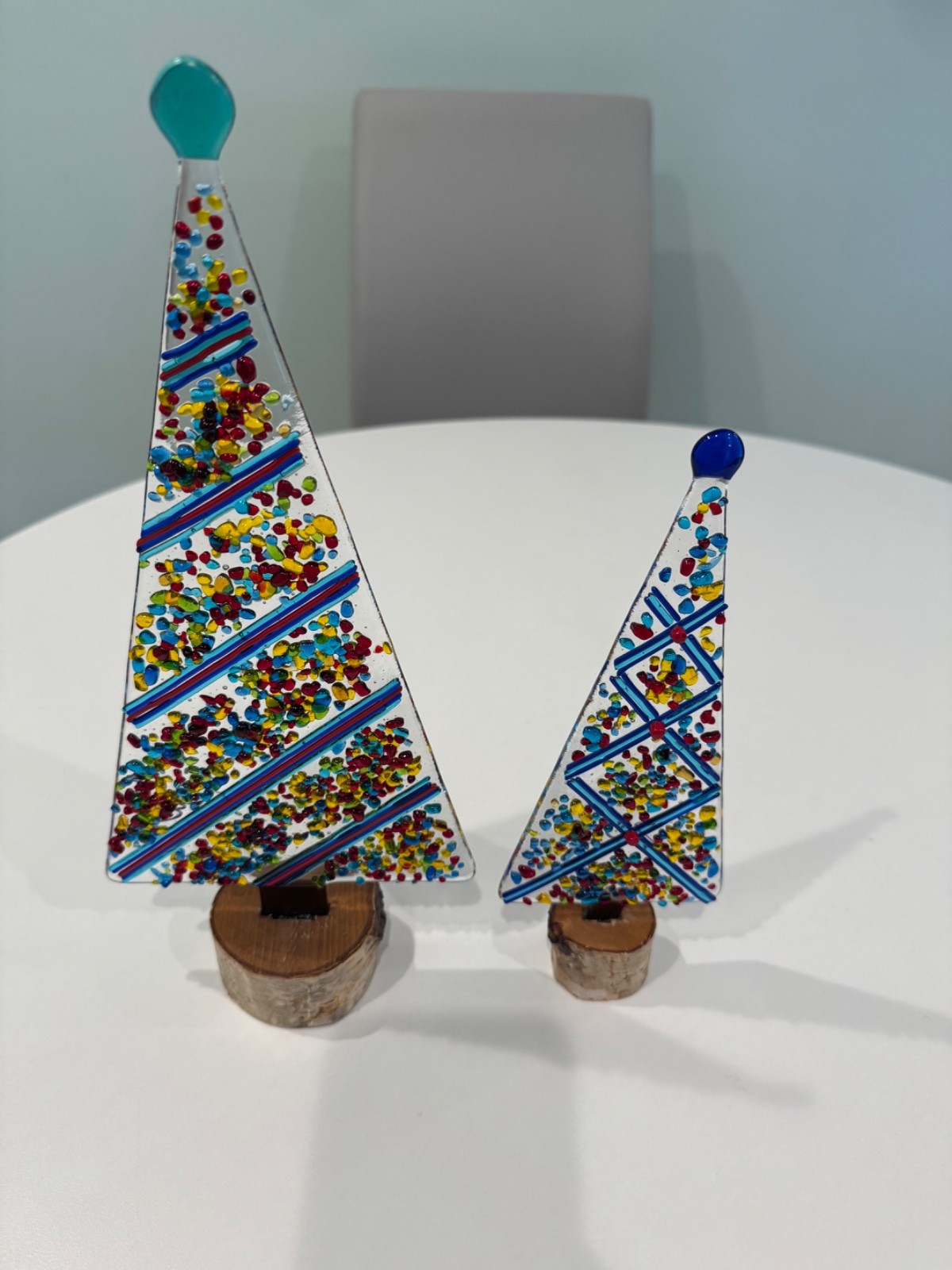 2 Handcrafted Fused Glass Christmas Ornaments, Colorful Trees