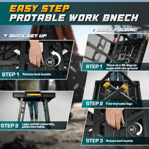 Foldable Work Bench,Easy Step Protable Work Table,34" W x 25" D x 31" no Yellow