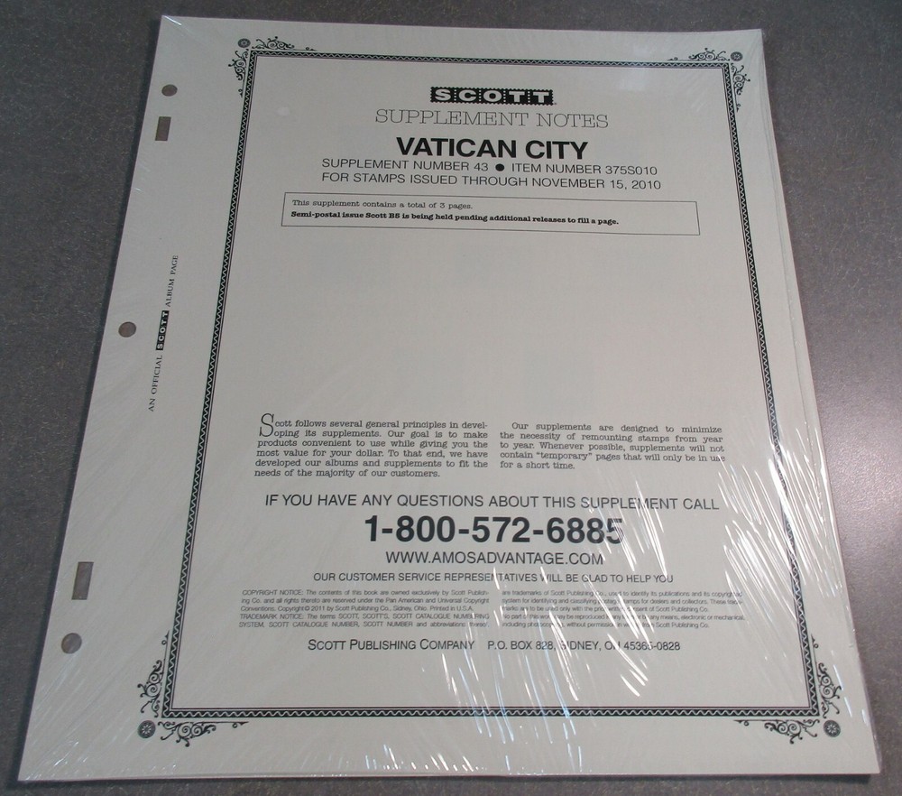 "SCOTT" #41 VATICAN CITY 2010 #43 ALBUM SUPPLEMENT W/FREE SHIPPING!!
