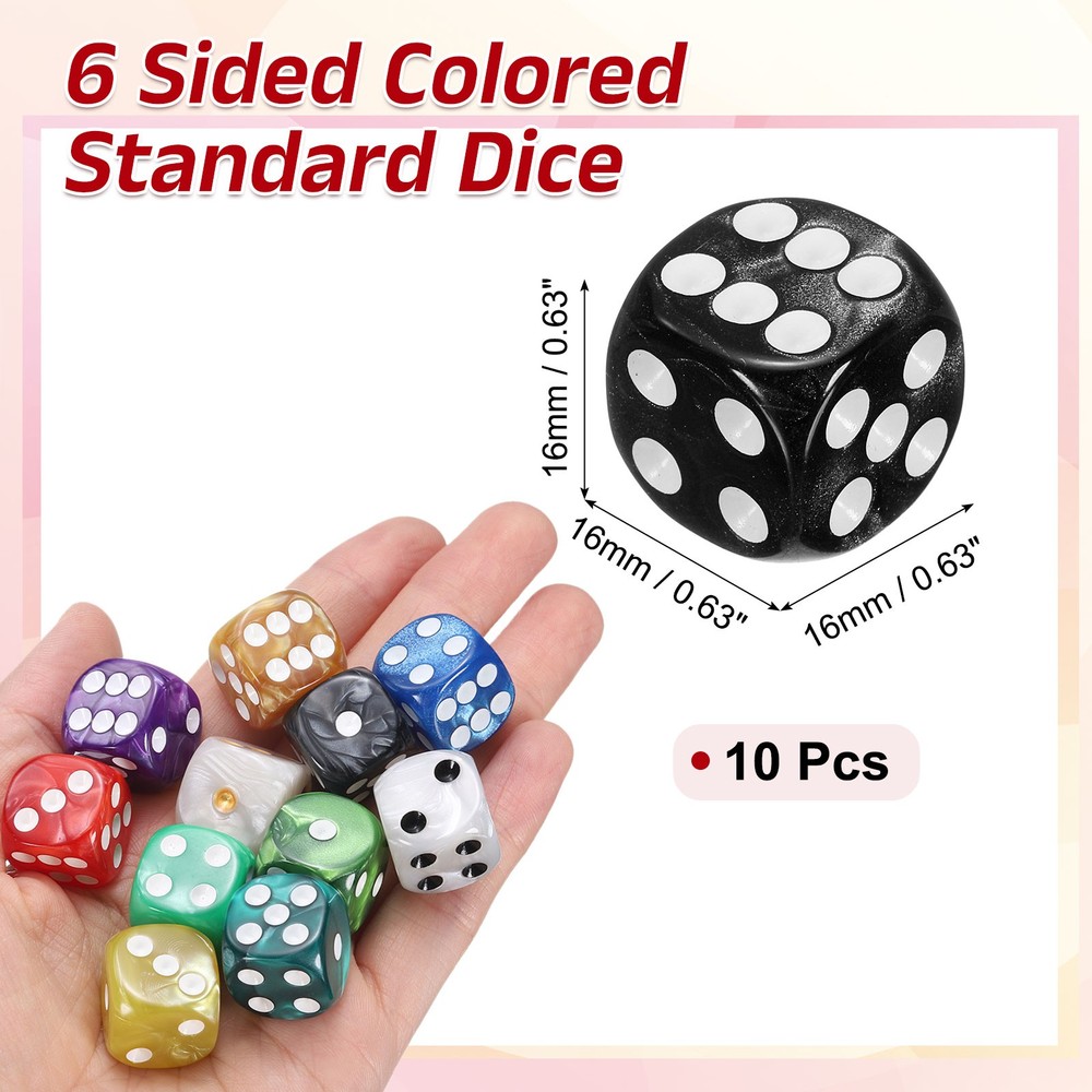 10Pcs 6 Sided Colored Standard Dice, Acrylic D6 Pearl Pattern Dice, Black
