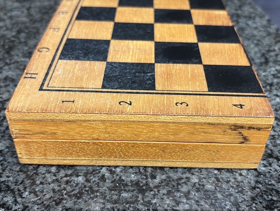 Chess Travel Hinged Wood Board Metal Bronze Silver Pieces Set Small Mini