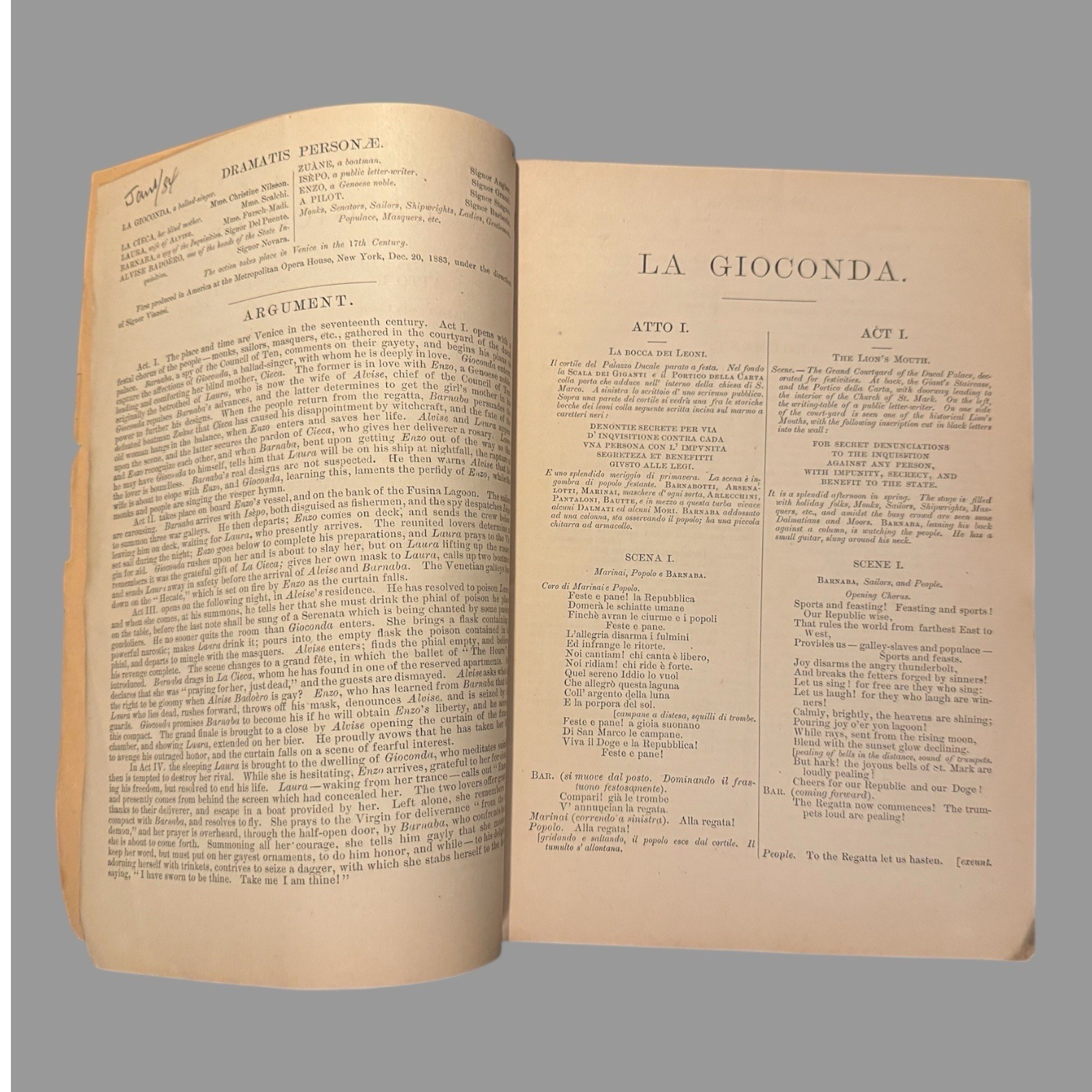 1884 Boston Opera Advertising Playbill Program La Gioconda by Gorrio, Ponchielli