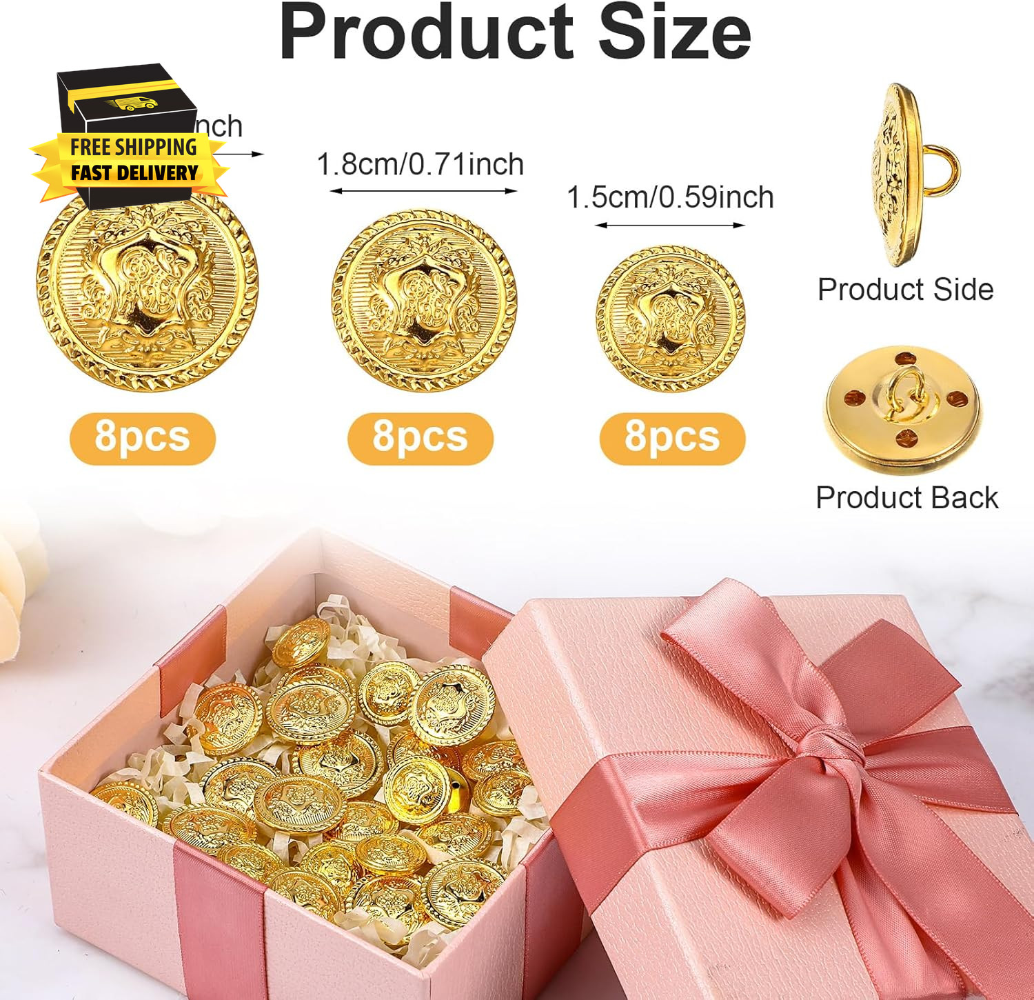 24 Pcs Gold Buttons for Blazer, Gold Coat Buttons Gold Metal Blazer Buttons Set