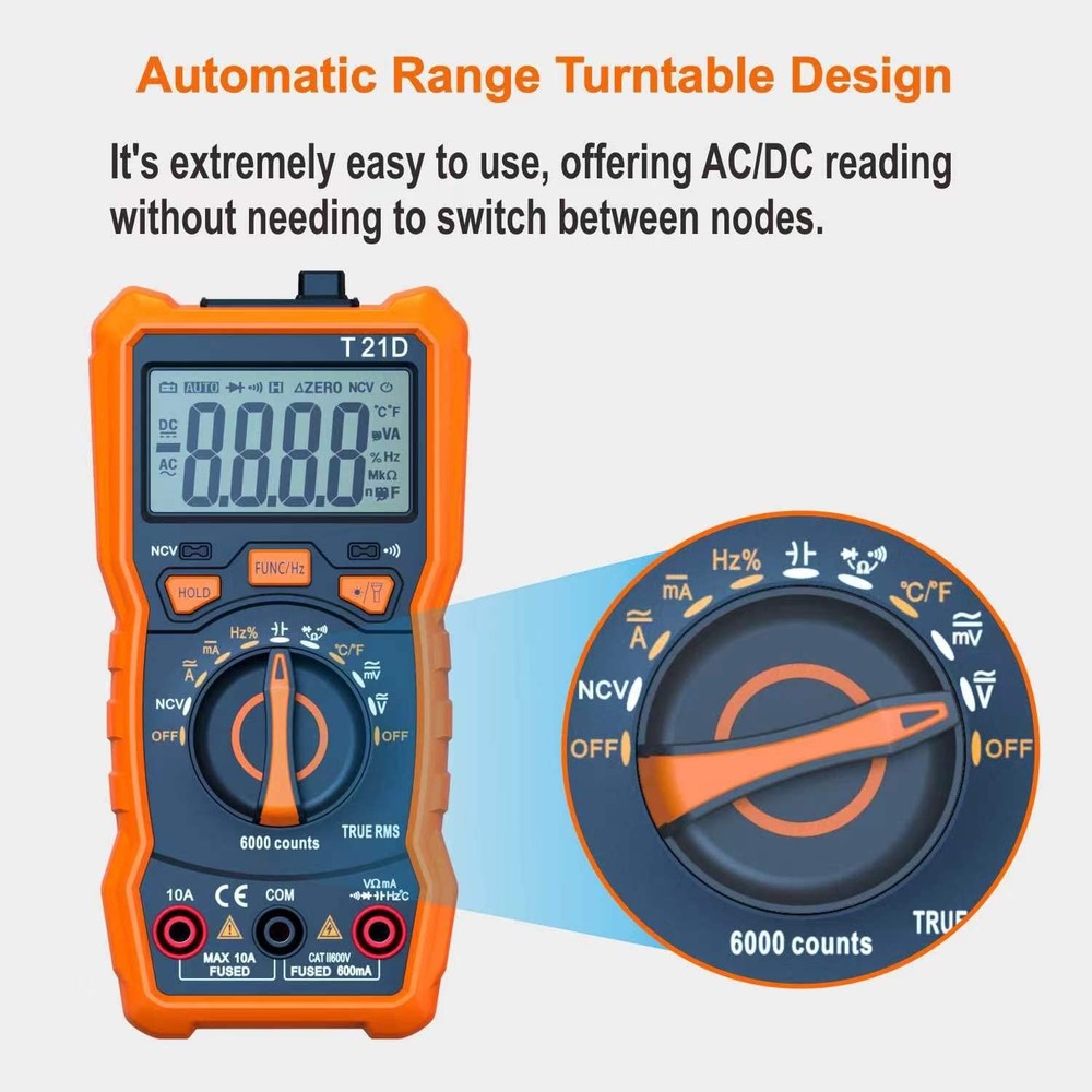 Auto-Ranging Digital Multimeter, TRMS 6000 Counts AC DC Orange and black
