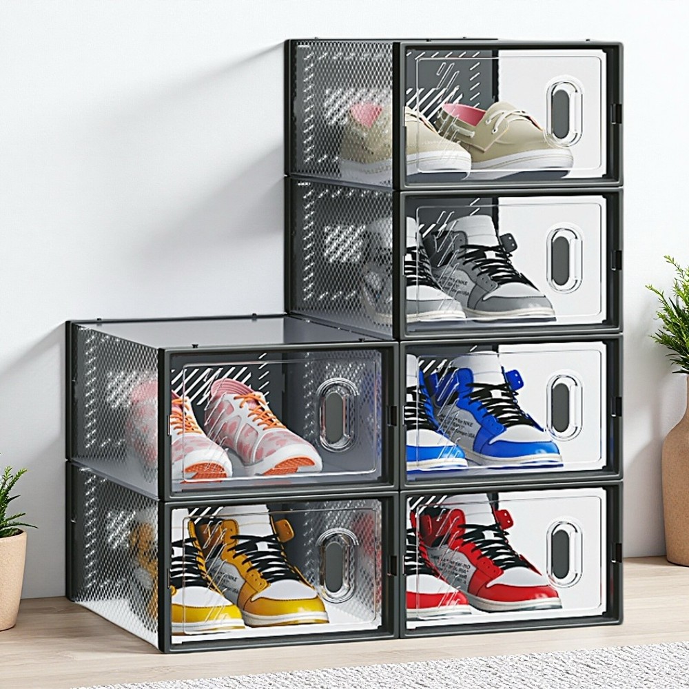 6-Pack Shoe Storage Boxes - Stackable, Plastic Mesh, Door, Black & Small Size