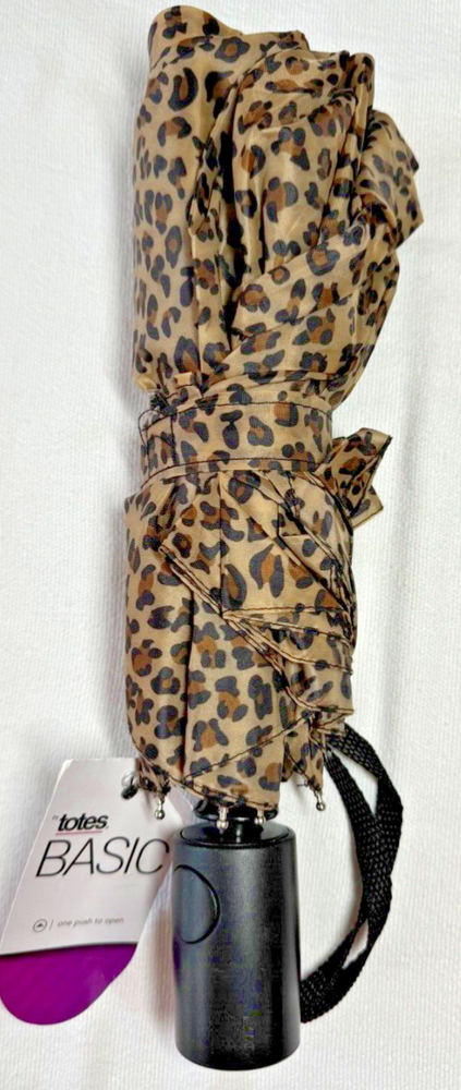 TOTES UMBRELLA ANIMAL PRINT BROWN BLACK BASIC ONE PUSH TO OPEN NWT