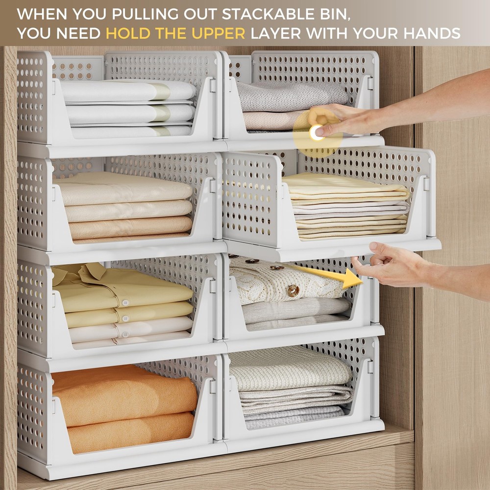 8 Pack Closet Organizers and Storage Plastic Stackable Storage Bins, Foldable...