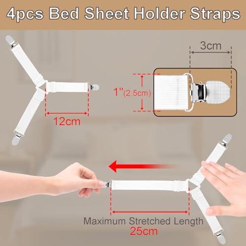 4pcs Bed Sheet Straps Holders, Adjustable Non Slip Elastic Bedsheet 4pcs White