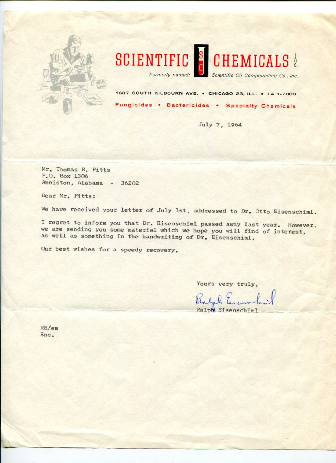 Ralph Eisenschiml Scientific Chemicals 1964 Signed Autograph TSL