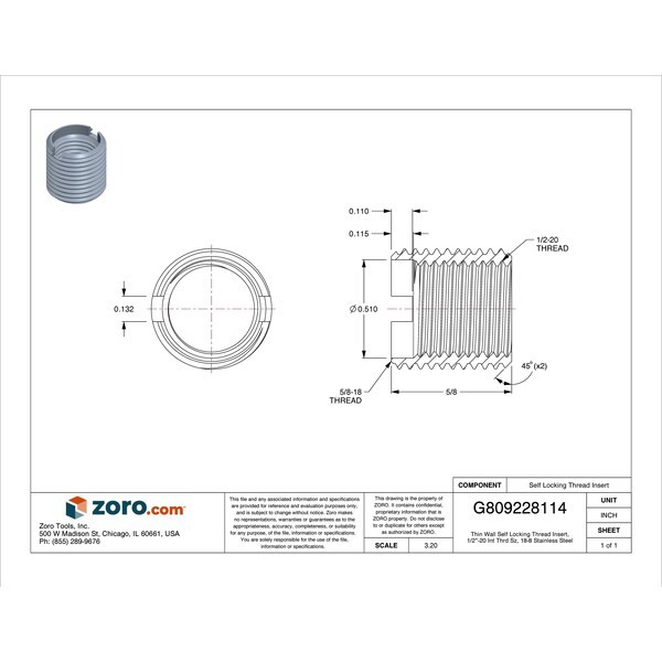 Thin Wall Self Locking Thread Insert, 1/2"-20 Int Thrd Sz, 18-8 Stainless