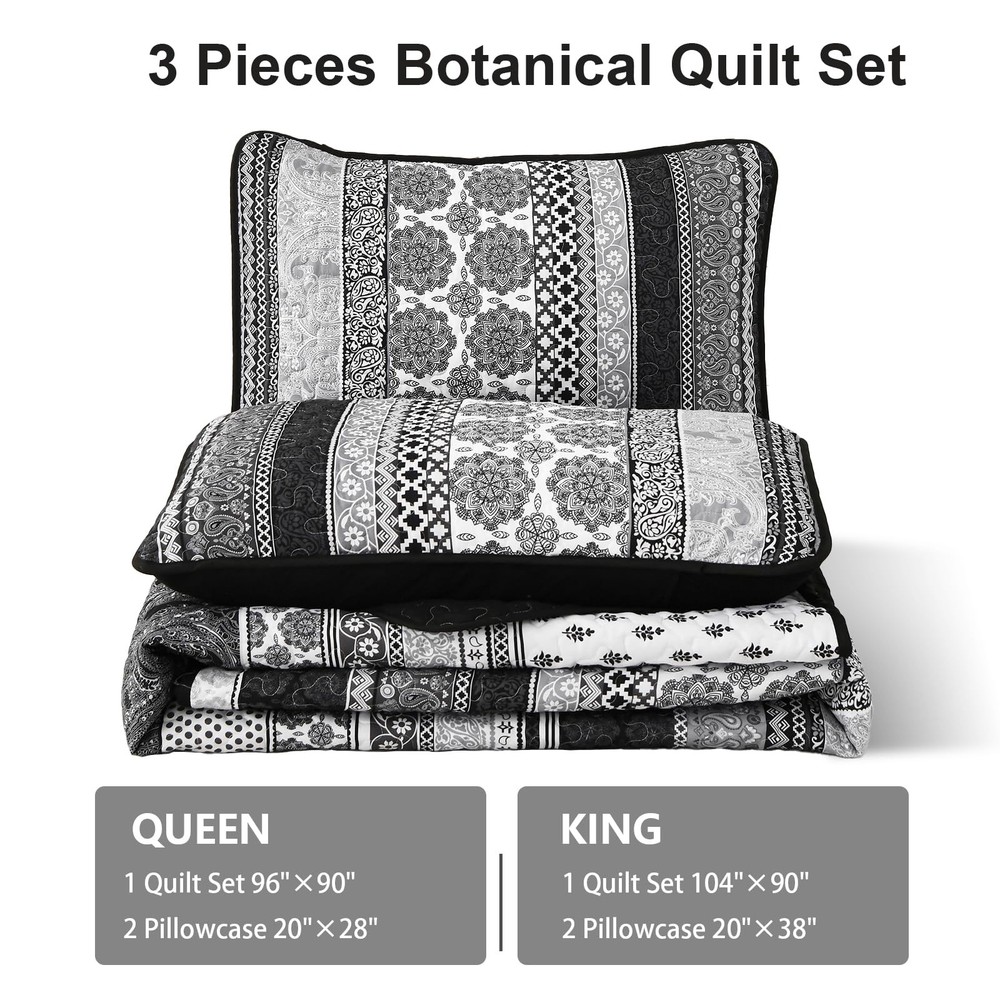 WONGS BEDDING Boho Quilt Set Full Size Grey Three-Piece Microfiber Bedspread Cov