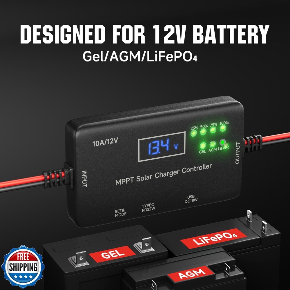 MPPT Solar Charge Controller 12V 10A, Solar Panel Charge Controller with Type