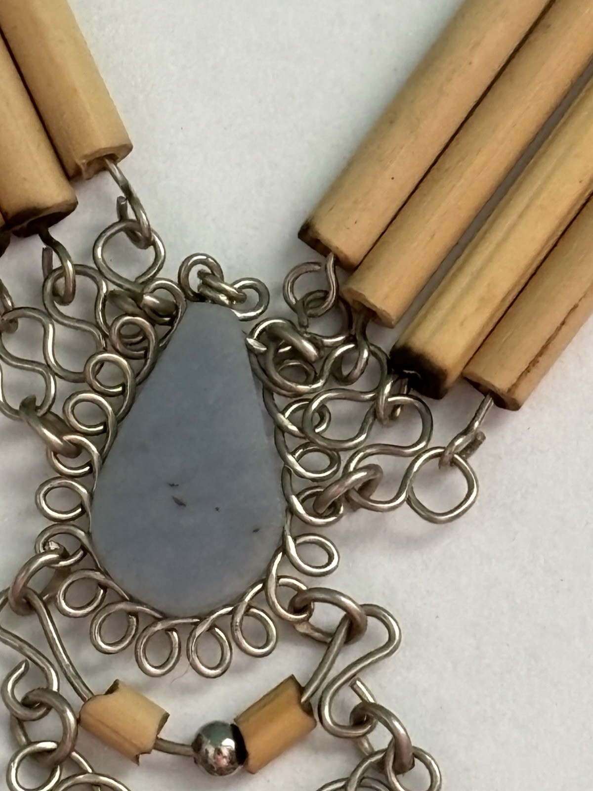 Blue Semi-Precious Stone Bamboo Silver Necklace 18"