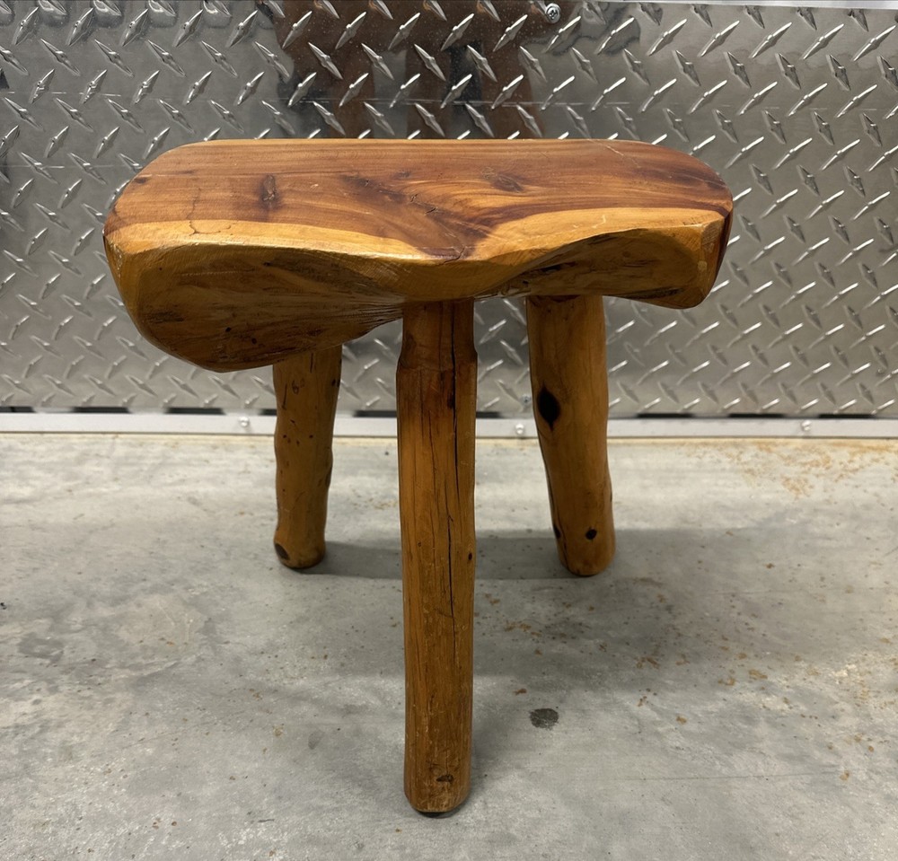 Vintage Three Legged Wood Stool Live Solid Cedar Wood