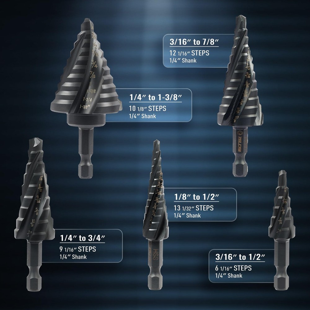 ZELCAN Step Drill Bit Set, 5PCS Four Spiral Flute Bits for New Set