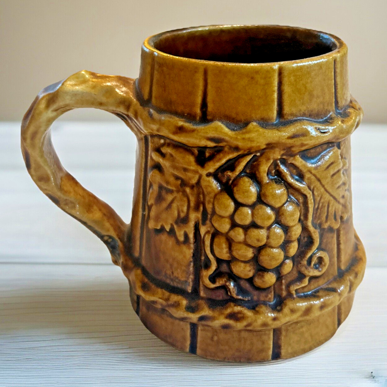 Wine Mug ~ German ~ Ceramic ~ Grape and "Wood" Design ~ Vintage ~ Sturdy!