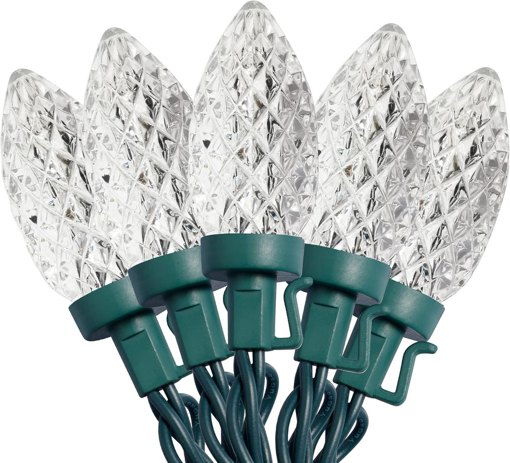 C9 String Lights 50 LED 24.5ft Cool White, Connectable, Green Wire, UL Listed AC
