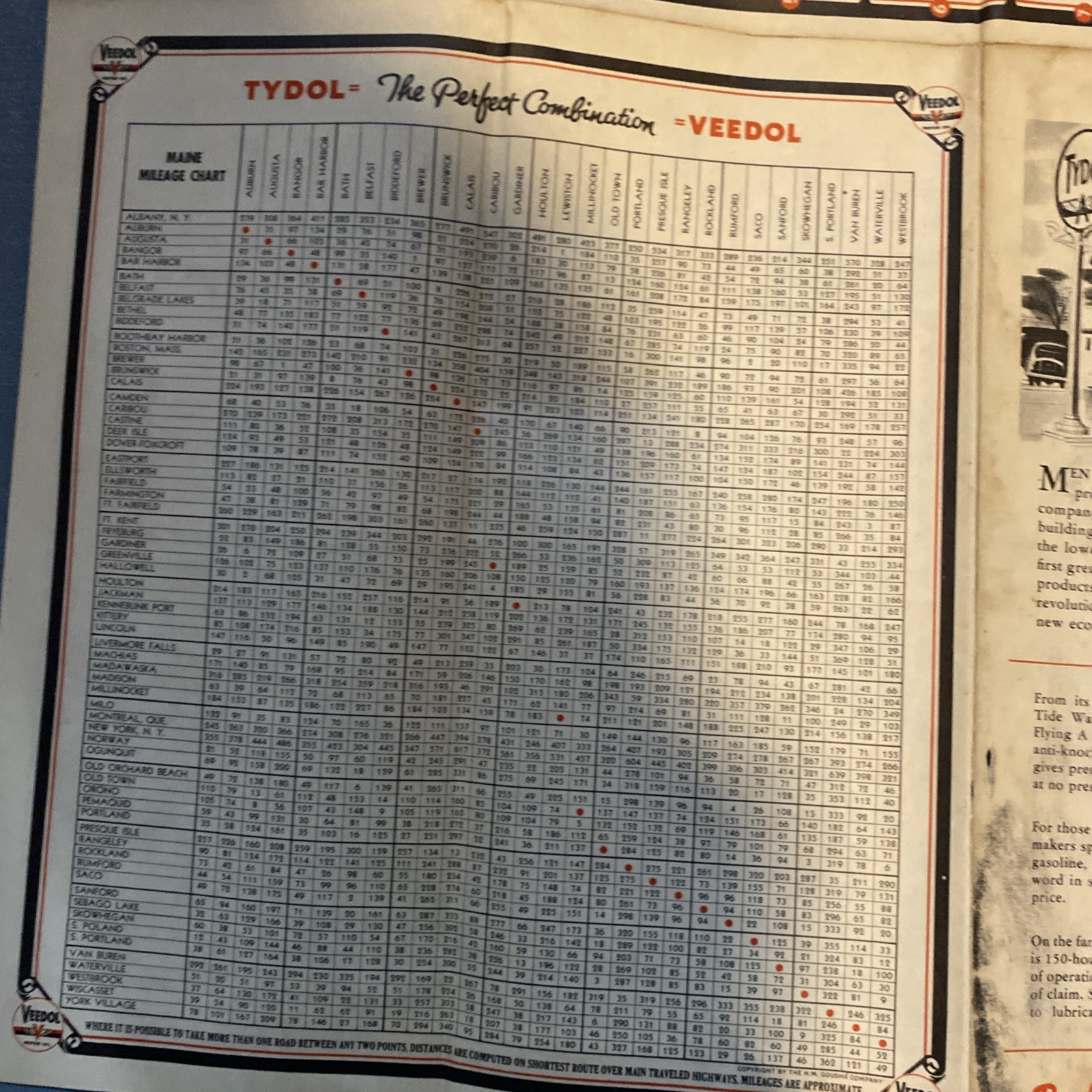1941 Maine Maritime Province Road Map Tydol Flying A Gas Oil Advertising F32