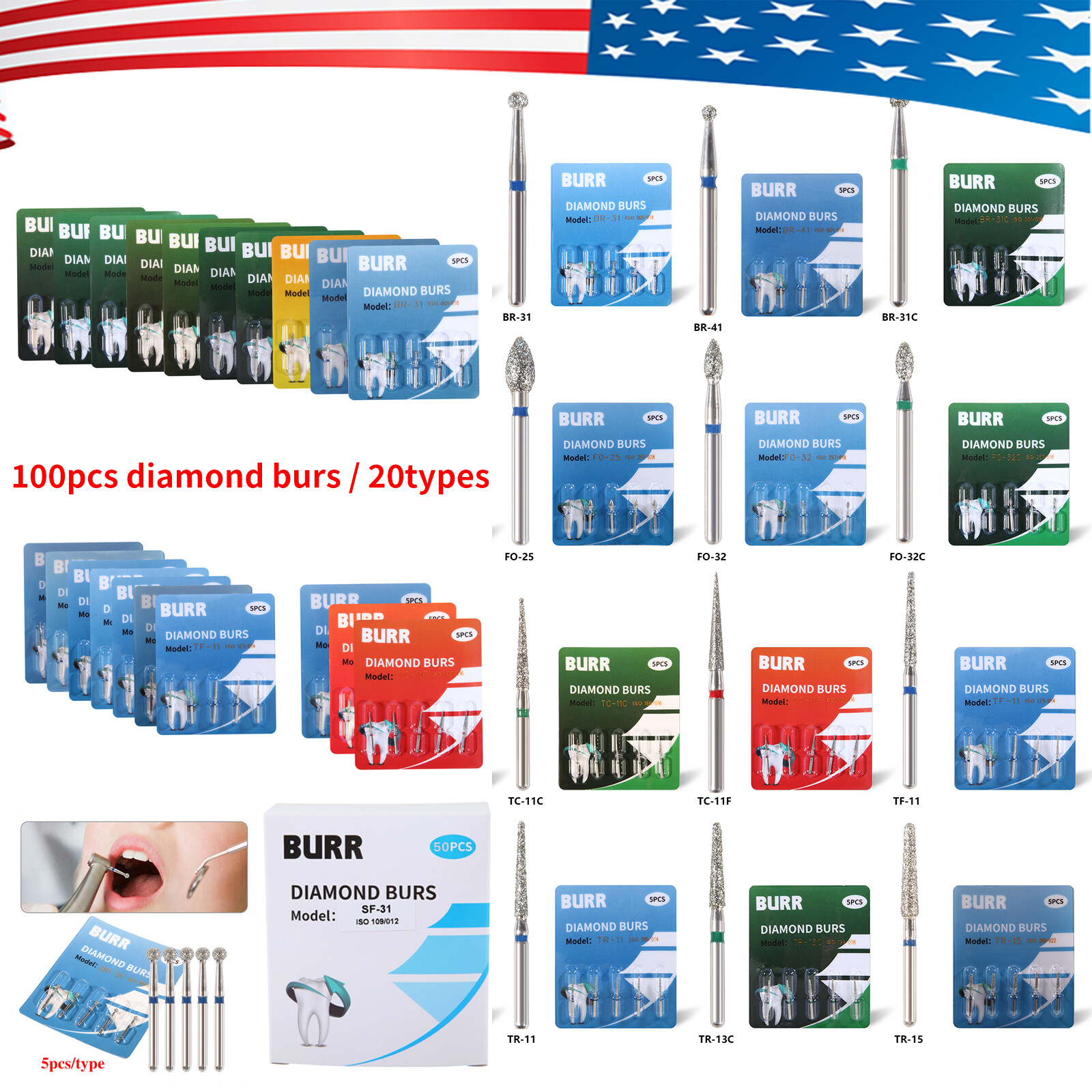 100 fresas diamante para turbina Diamond Burs dental High speed handpiece 1.6mm