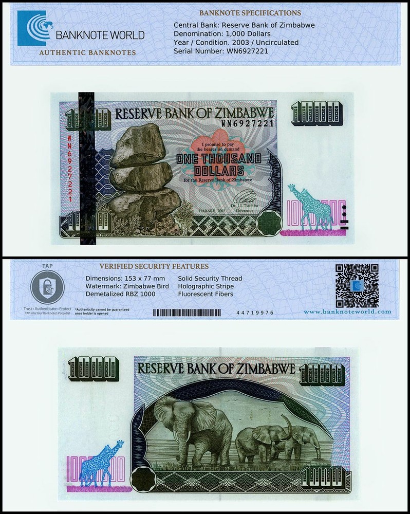 Zimbabwe 1000 Dollars, 2003, P-12b, UNC, Authenticated Banknote