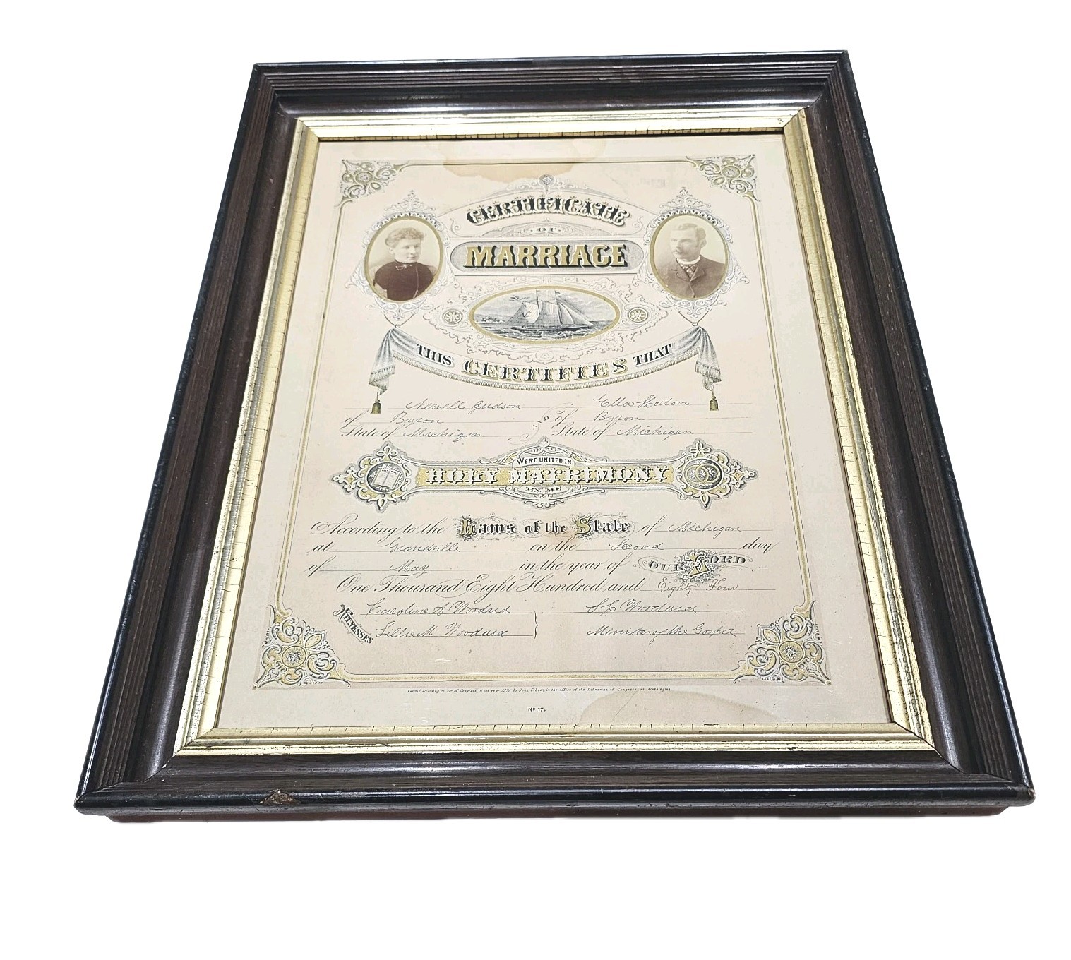 Antique C.1884 Michigan Large Size Marriage Certificate Framed. 14 X 19 Opening