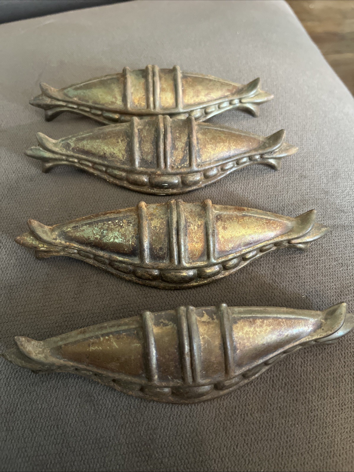 Set of 4 Vintage Art Decò Metal Ornate Drawer Pulls 6” Long Nice Patina