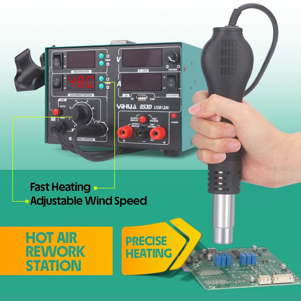 YIHUA 853D 800W 3-IN-1 Multi Station Iron Hot Air Gun 2A USB DC Power Supply