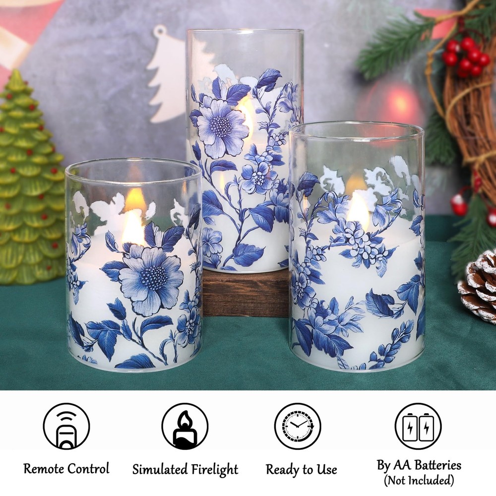 Flameless Candles Glass with Remote Control & Timer Function, Blue and White ...
