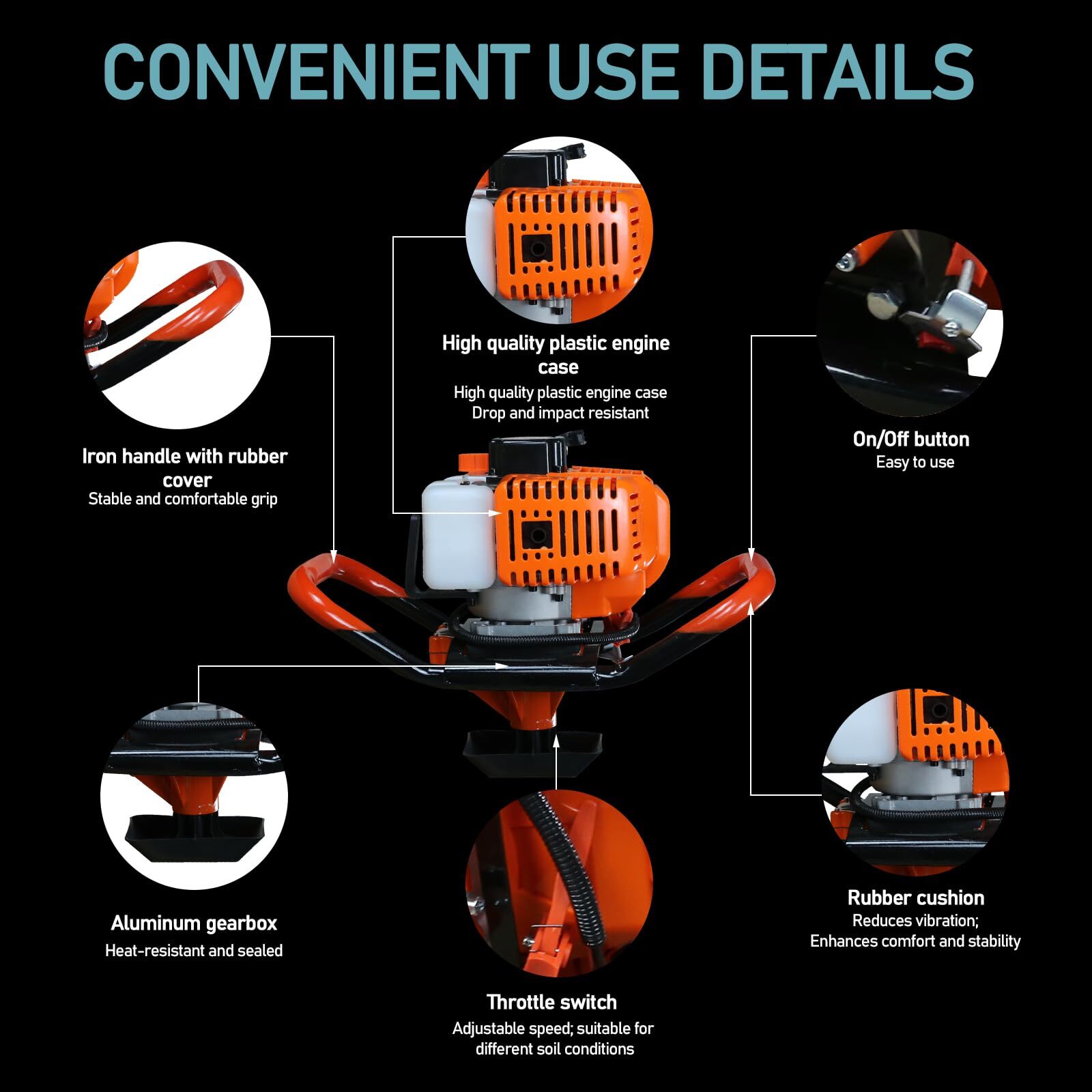 2100W 2-Stroke Earth Auger Kit - 62CC Motor w/ 3 Drill Bit Sizes & 3 Rod Set