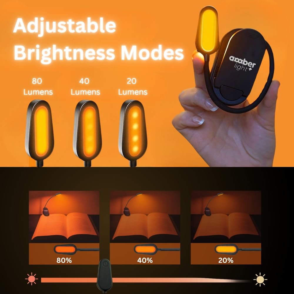 Amber Book Light - Rechargeable, Blue Light Blocking, Giftable Kindle Light