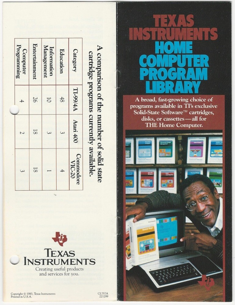 1983 Texas Instruments Home Computer Program Library Bill Cosby Promo Brochure