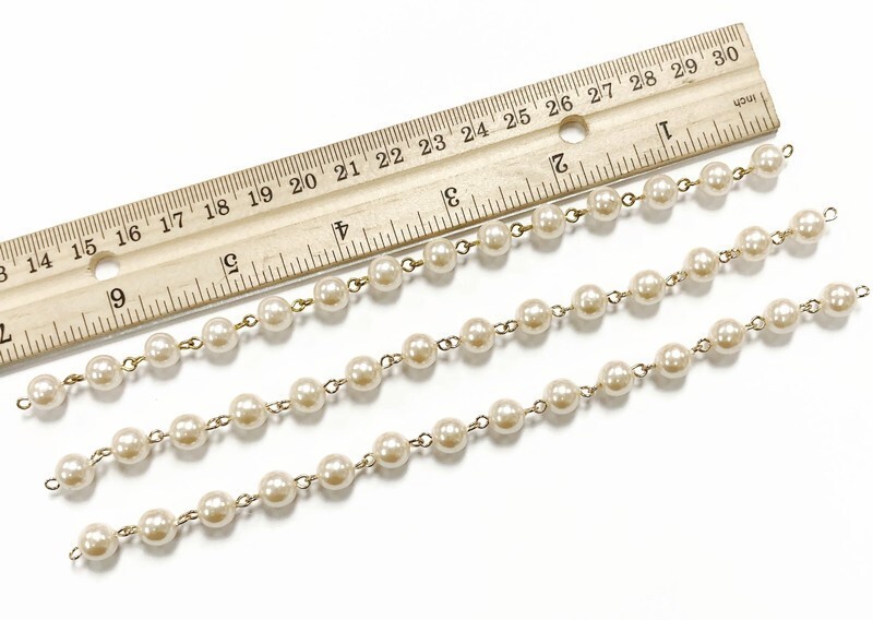 3 VINTAGE JAPANESE PEARL ACRYLIC ROUND BEADED BRASS LINK 6.5" CHAIN SECTIONS 572