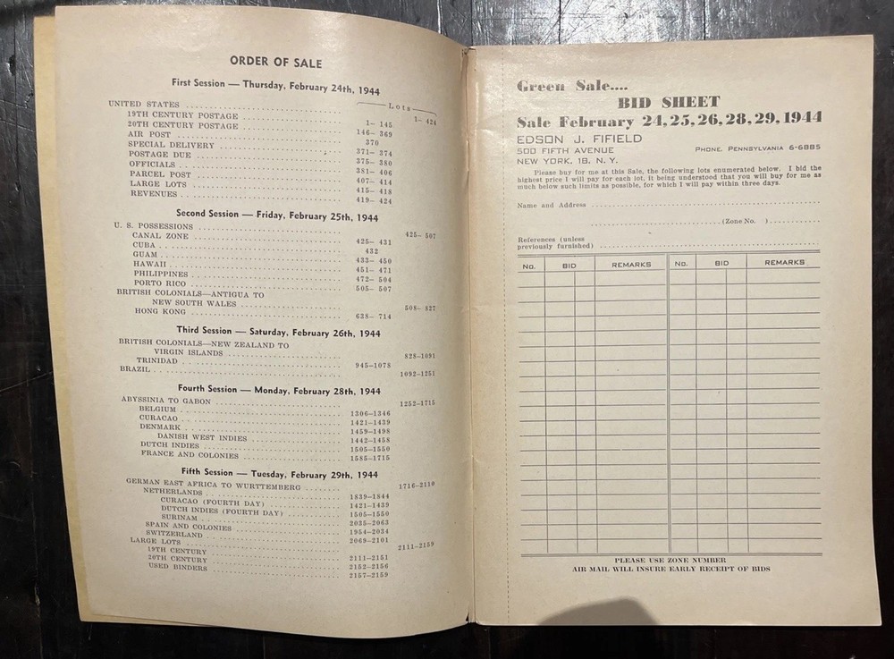 Stamp Collection Colonel E. H. R Green Edson J. FIFIELD 1944 US Possessions