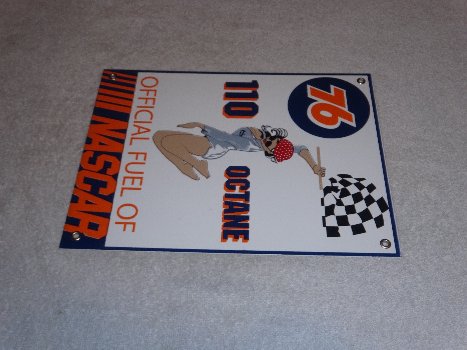 VINTAGE UNION 76 GASOLINE WOMAN +RACING FLAG 12" PORCELAIN METAL NASCAR OIL SIGN