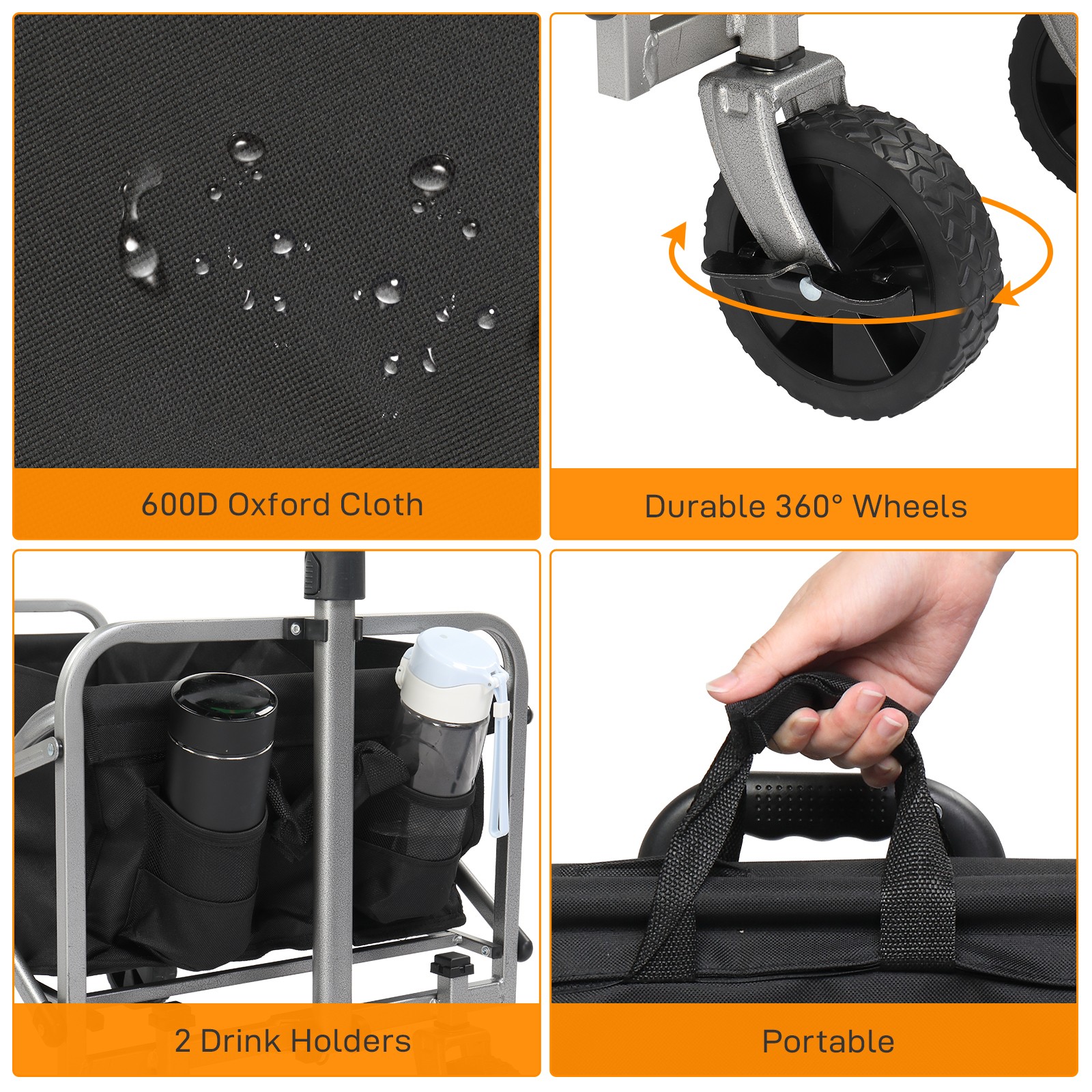 Collapsible Folding Wagon Cart Outdoor Beach Wagon with All Terrain Wheels Black