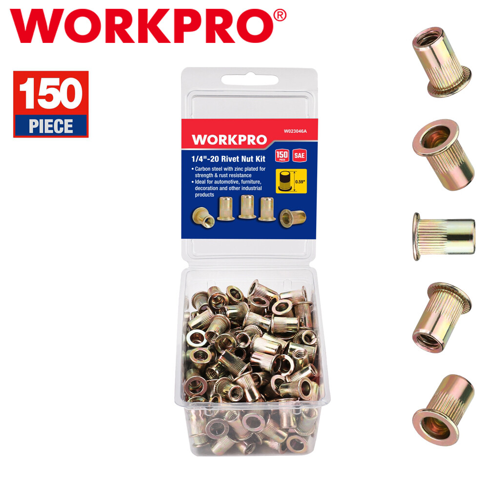 WORKPRO 150PC Rivet Nut 1/4"-20 Rivnut Zinc Plated Flat Head Threaded Insert Nut