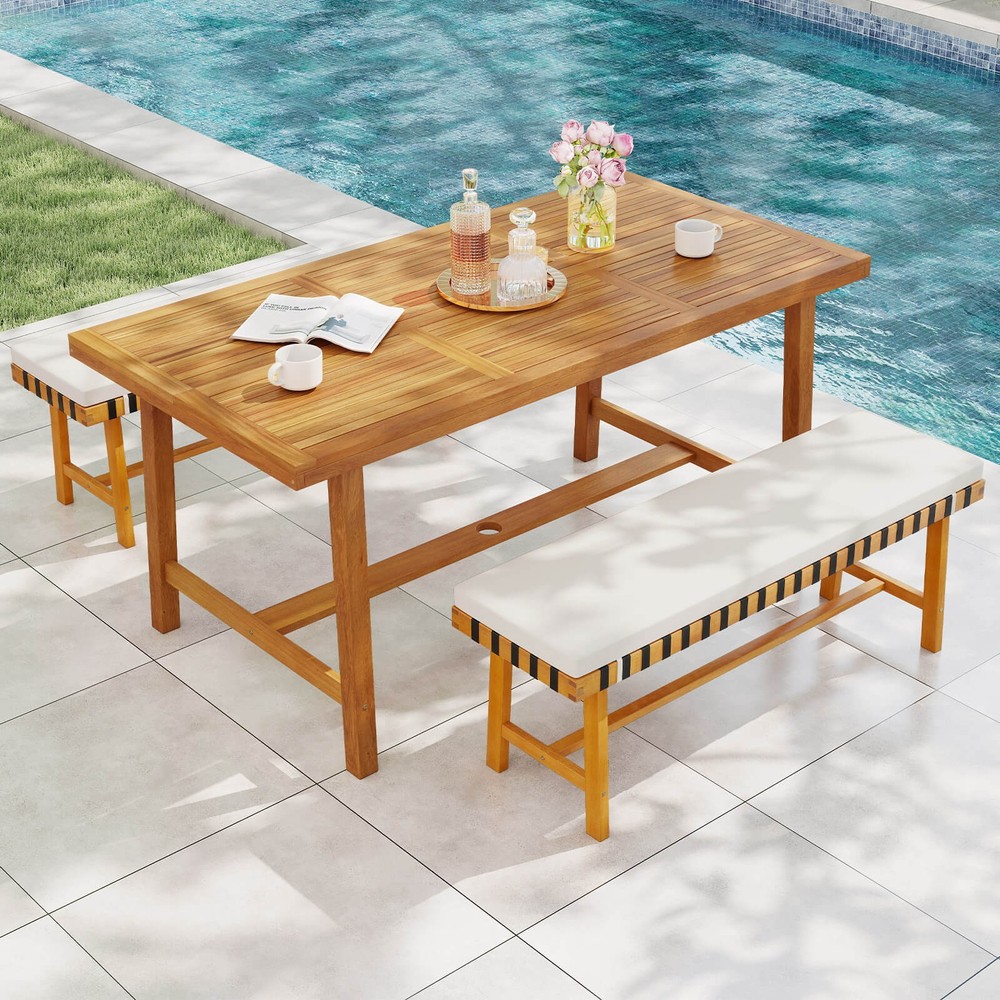3-Piece Patio Dining Set, 2 Benches & Rectangular Table w/1.97” Umbrella Hole