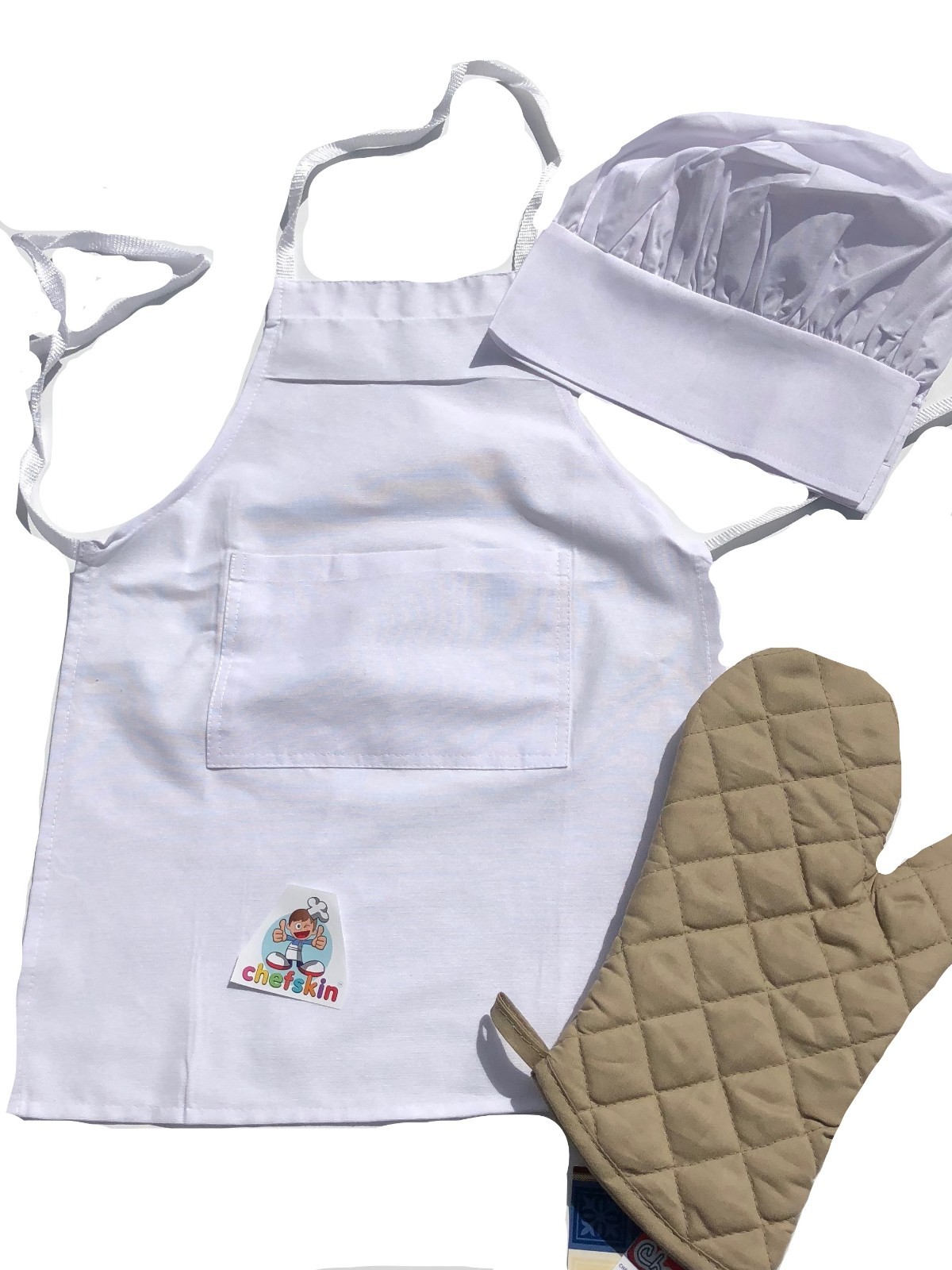 Chefskin Teen Chef Apron Hat Set White for Schools, New