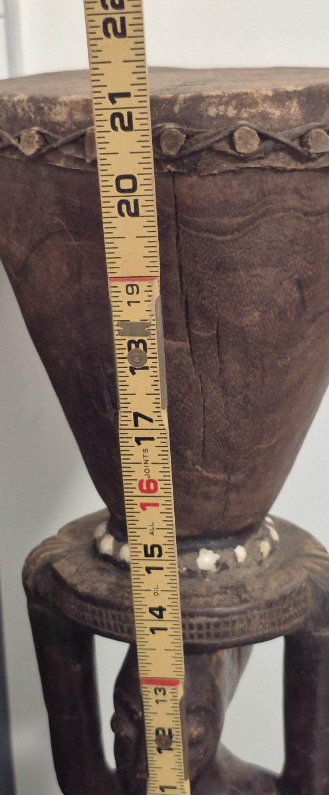 African Luba Female Wood Statue With Drum 21"H 7.5"W