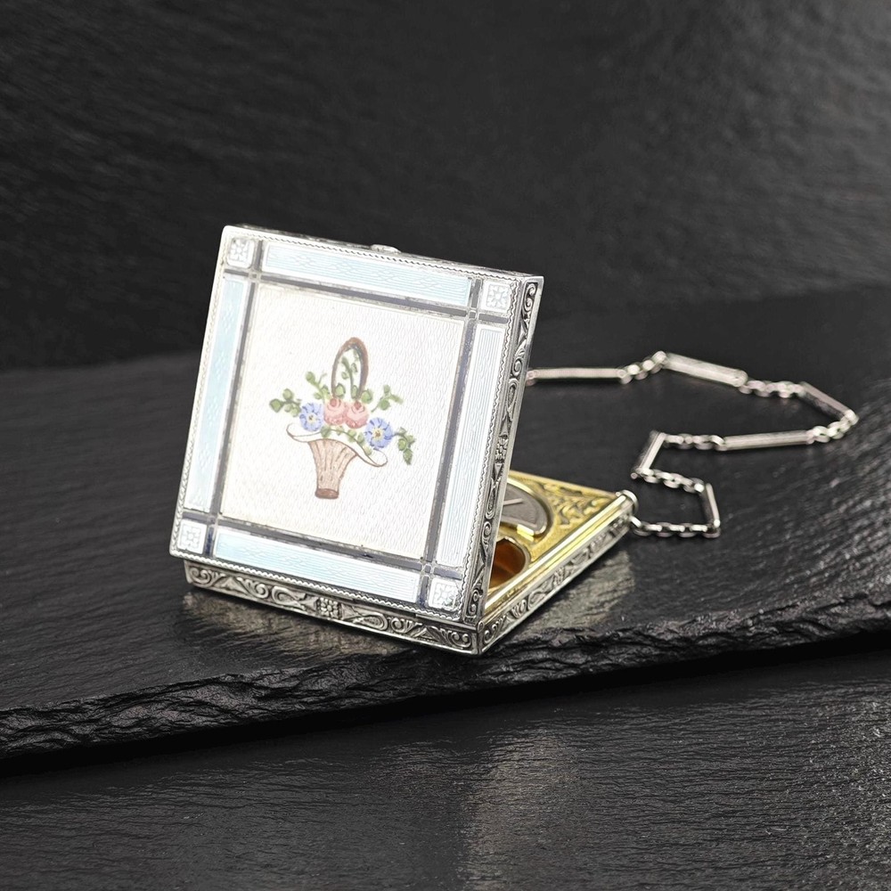 Antique Enamel Vanity Sterling Silver Compact