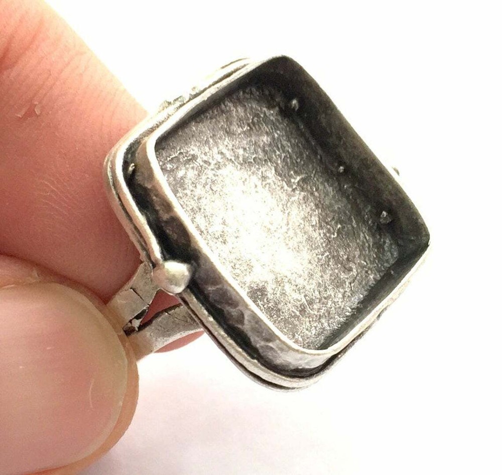 Square Signet Adjustable Ring Blank Base Hammered Antique Silver Plated Brass