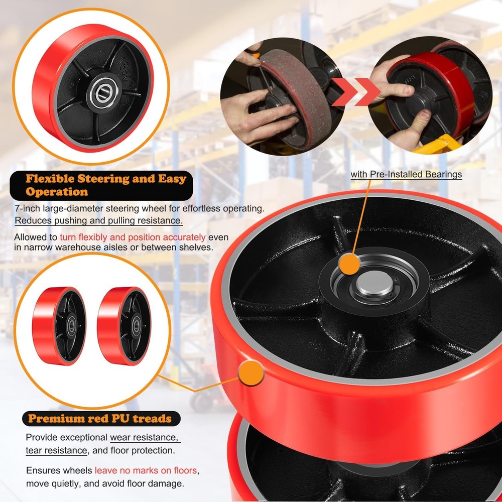 Pallet Jack Full Replacement Kit Steering Wheels 7"x2" Front Load Roller 3"x3.75
