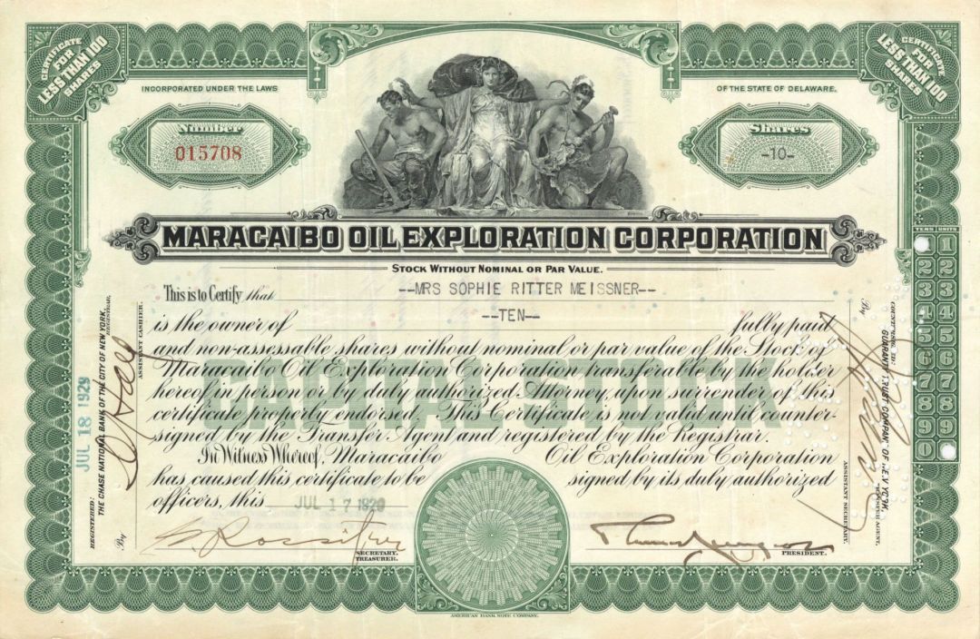 Maracaibo Oil Exploration Corp. - 1920's-30's dated Oil Stock Certificate - Mara