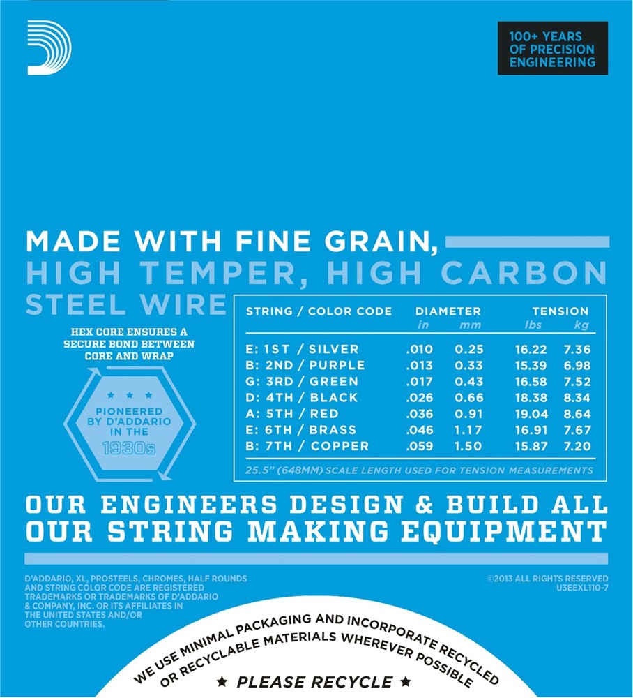 D'Addario Electric Guitar Strings 3 pack 7 string set EXL110-7 Light