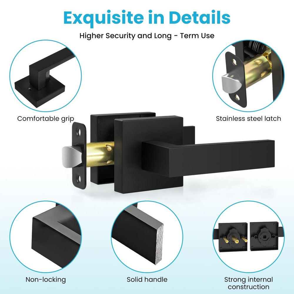 Estmoon 2 Pack Passage Door Levers, Matte Black Door Knobs Interior Square Do...
