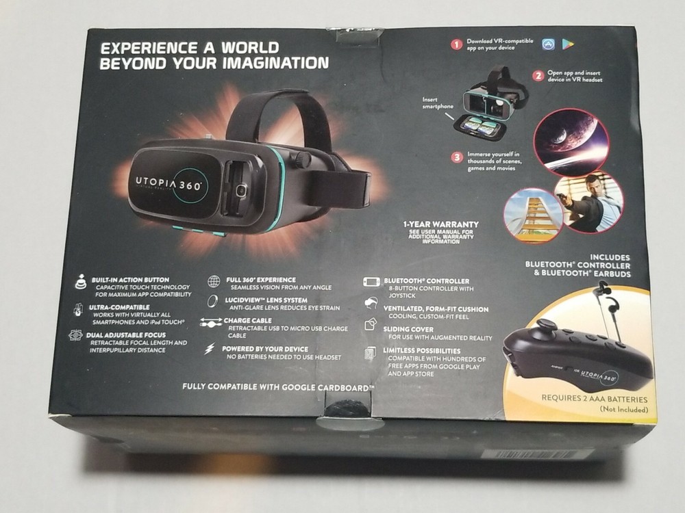Utopia ReTrak 360 Degree 3D VR Headset Bundle Bluetooth Earbuds & Controller NIB