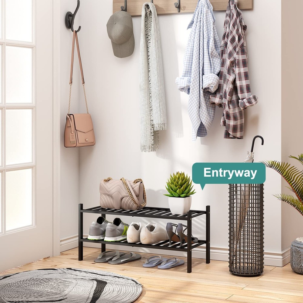 2-Tier Black Bamboo Shoe Rack for Entryway, Stackable | Foldable | Natural, S...